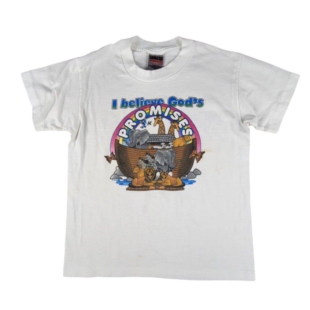 Vintage Oneita Shirt Youth 10-12 White Gods Promises Noahs Ark Graphic Tee